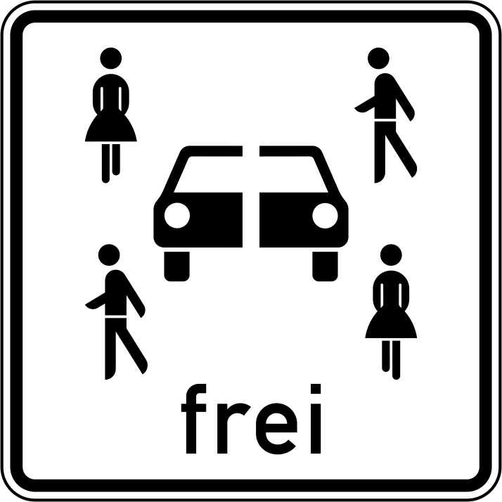 Verkehrszeichen mit einem weißen Hintergrund. Mittig ein Auto, drumherum verschiedene Menschen.